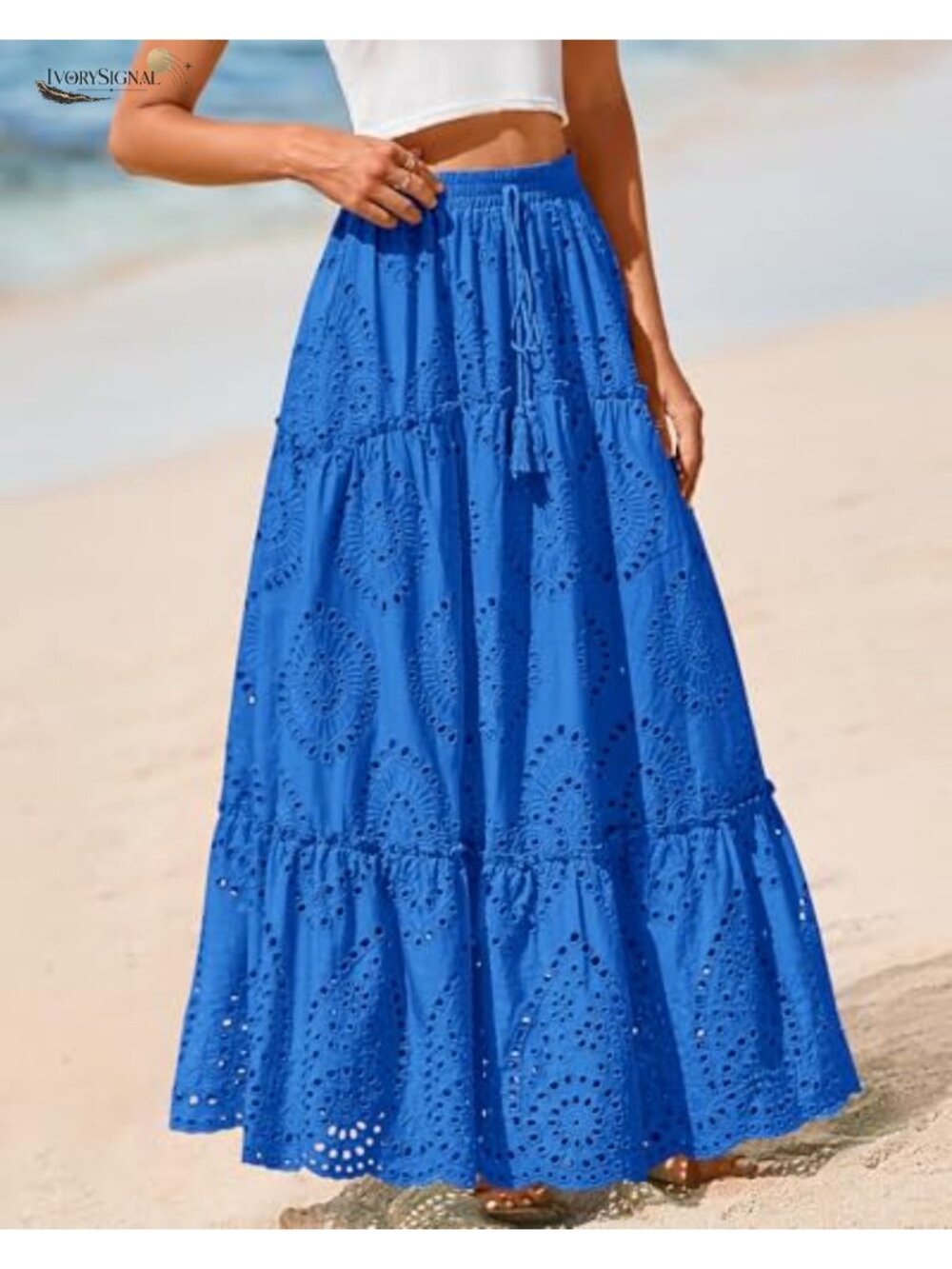 Eyelet Embroidered Maxi Skirt Elastic Waist Flowy A-Line Vacation - Picture 4 of 6
